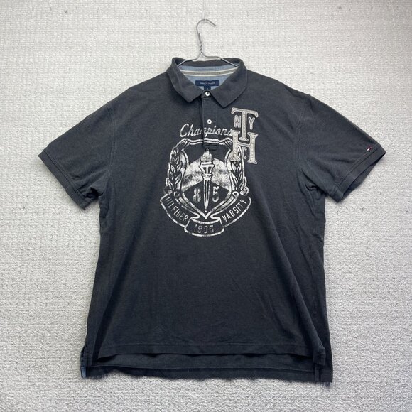 VTG Tommy Hilfiger 1985 Grey Polo Shirt Men XL Varsity Champion Graphic Read - Picture 1 of 16